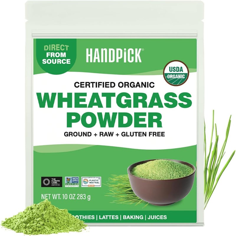 Handpick مسحوق عشب القمح العضوي من هاندبيك - 10 أونصات خالي من الجلوتين مسحوق أخضر غني - Image 1